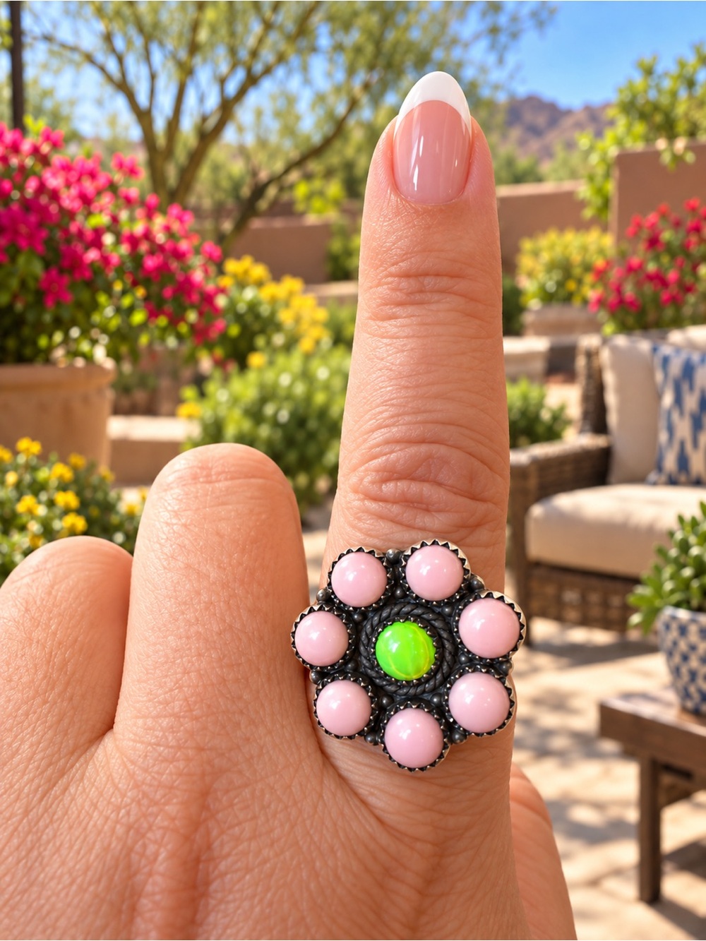 Aurora Opal & Pink Conch Sterling Silver Adjustable Ring 🌸🌸🌸
